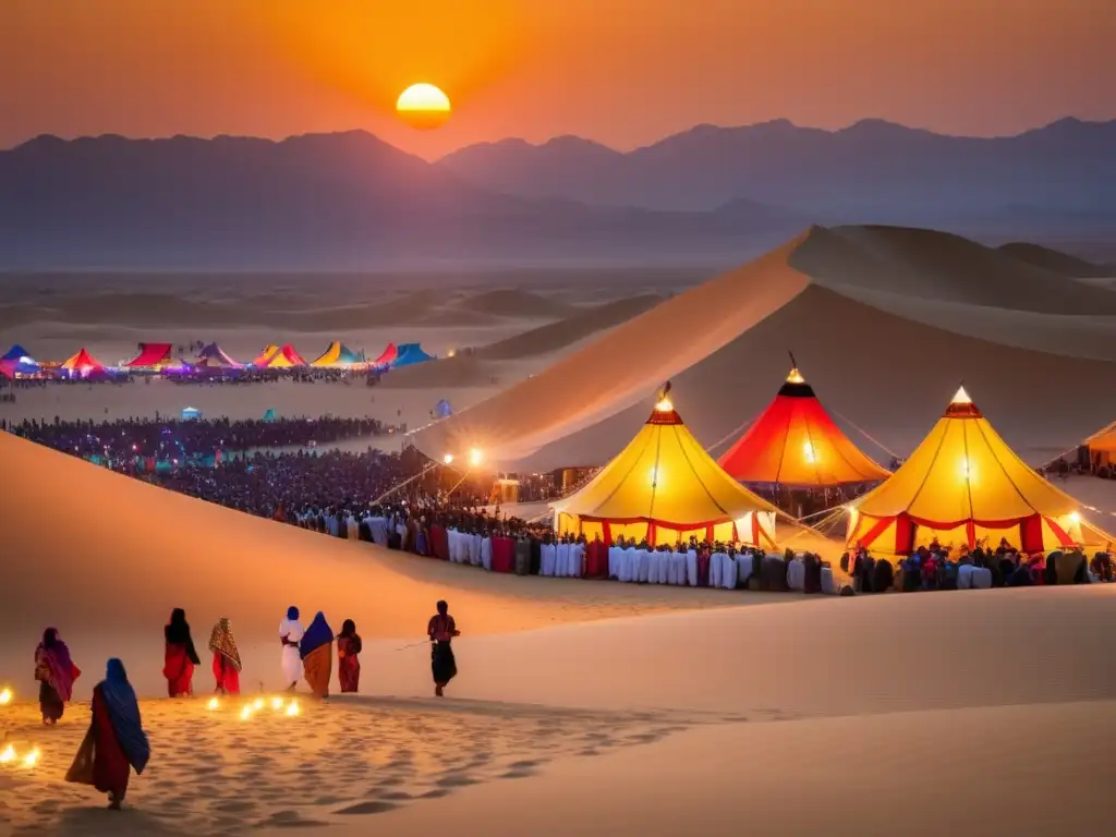 Festivales en desiertos sagrados: Tradiciones únicas, escena mágica de festival en un desierto sagrado