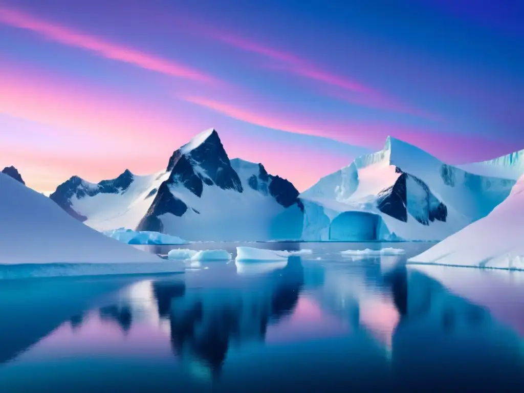 Festivales tradicionales en la Antártida: paisaje helado, montañas nevadas, cielo pastel, escultura de hielo y gente colorida