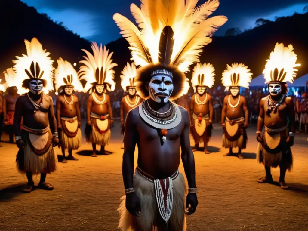 Festival tradicional misterioso en Papua Nueva Guinea, con máscaras vibrantes, danzas tribales y ambiente enigmático