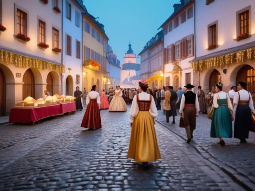 Vestuario festivales cine: Tradición y glamour en una escena europea con trajes tradicionales, calles adoquinadas y una atmósfera etérea