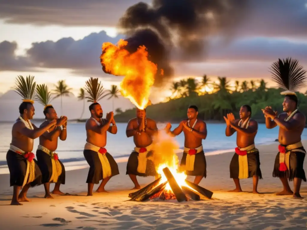 Festivales tradicionales en Fiji: danza cautivadora y fuego vibrante en una playa al atardecer