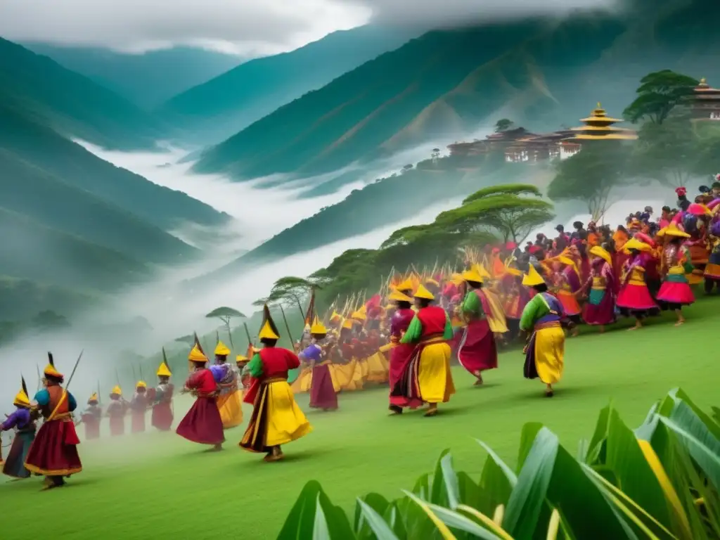 Deslumbrante Festival de la Lluvia de Flechas de Bhután en montañas verdes y danzas tradicionales elegantes