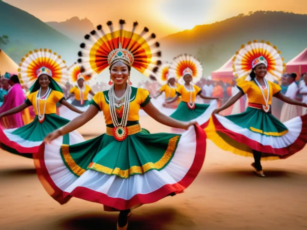 Fotografía en festivales tradicionales: Escena vibrante de danzas y trajes tradicionales, colores vivos y detalles impresionantes