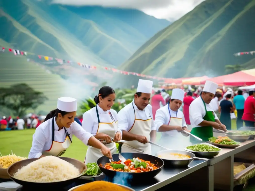 Festival gastronomía peruana tradicional: mercado colorido, platos típicos, chefs preparando ceviche y anticuchos, aromas y comunidad