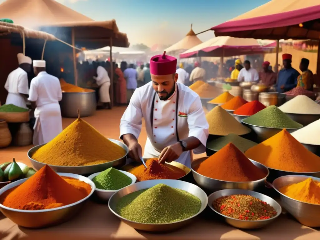 Fotografía impresionante de festividades gastronomía mundial en un mercado africano vibrante y aromático