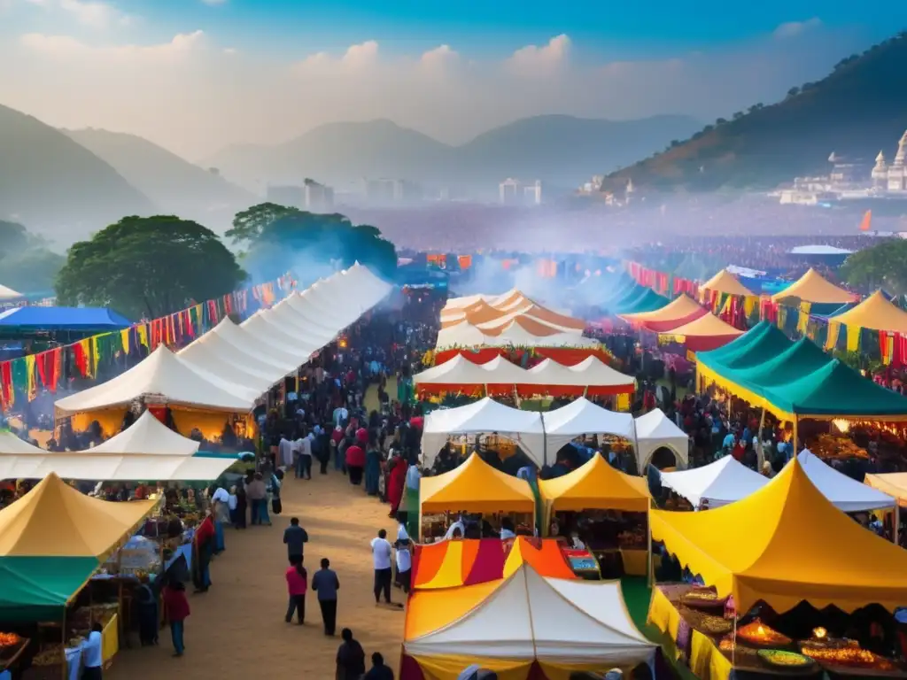 Festival gastronómico al aire libre, con coloridos puestos, comida tradicional y ambiente mágico