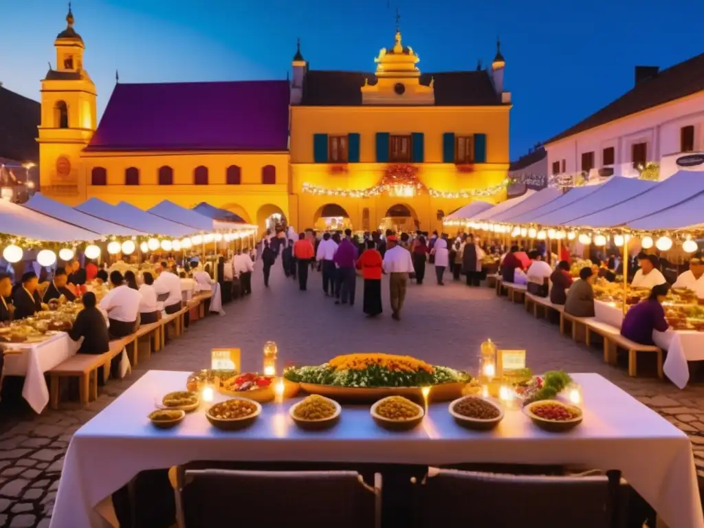 Evolución de festivales y gastronomía en una escena vibrante de un festival gastronómico al atardecer