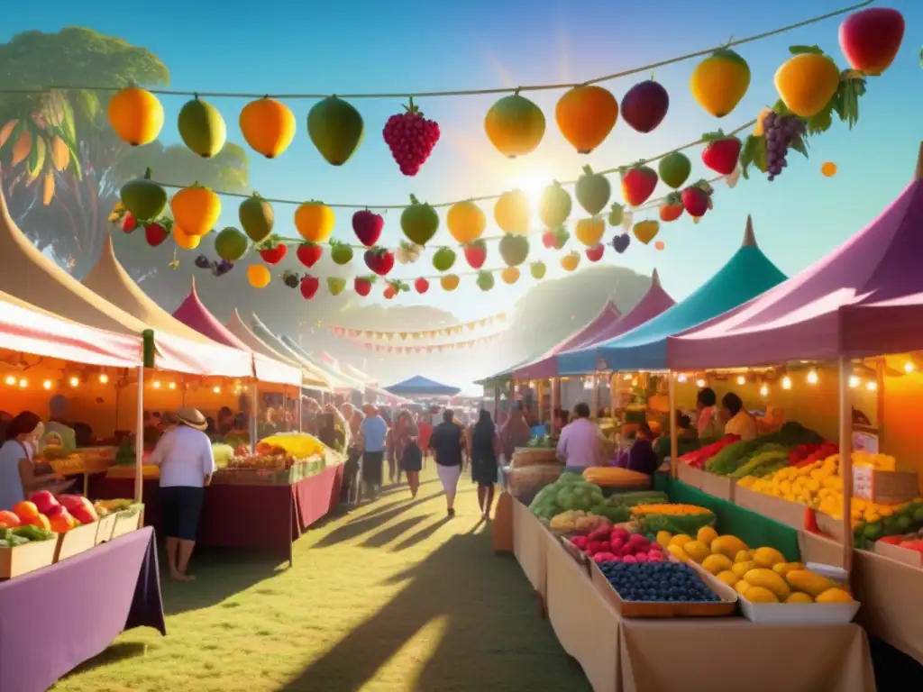 Festividades gastronomía mundial en vibrante escena festival en Australia, con colores y productos locales