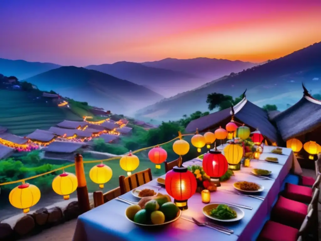 Escena cautivadora de un festival tradicional al atardecer con mesa y comidas vibrantes (Comidas tradicionales festivales mundo)