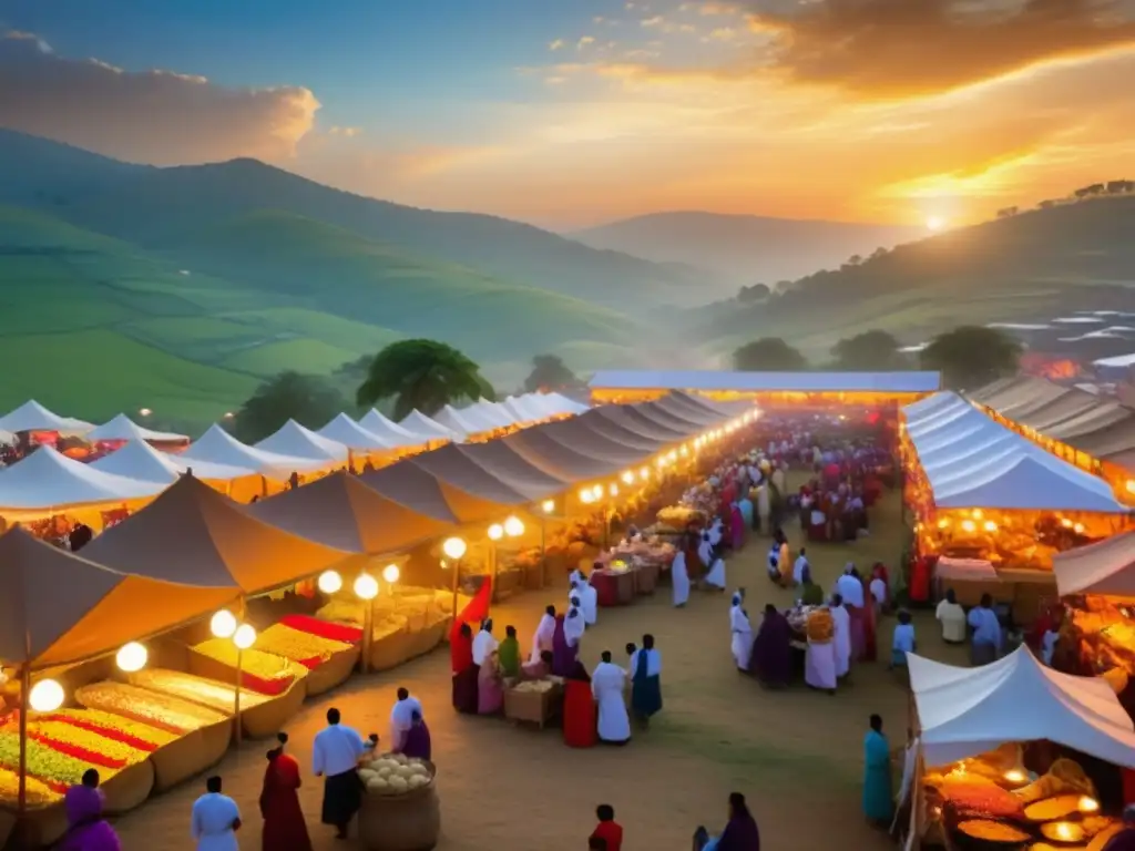 Tradiciones culinarias en festivales: escena vibrante de mercado con platos deliciosos, chefs apasionados y paisajes encantadores