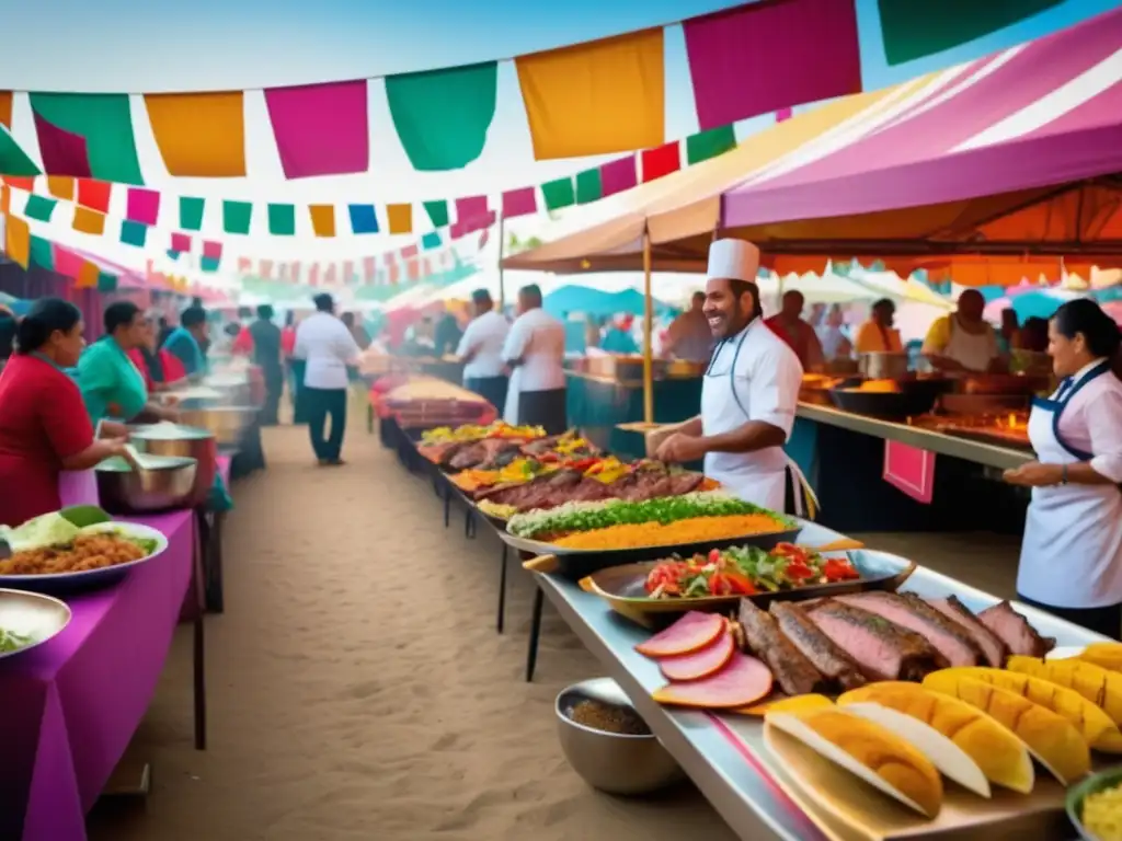 Evolución gastronomía festiva mundial: Colorida escena de festival con puestos de comida ofreciendo platos tradicionales de América Latina