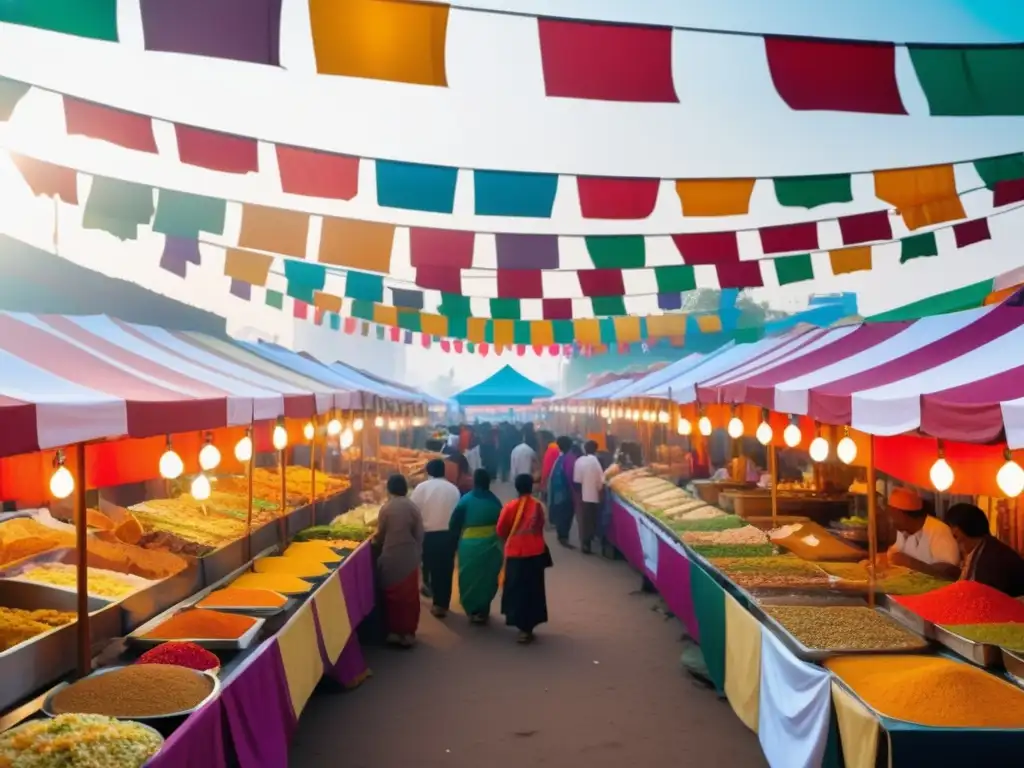 Mercado de alimentos vibrante con comidas tradicionales de festivales internacionales