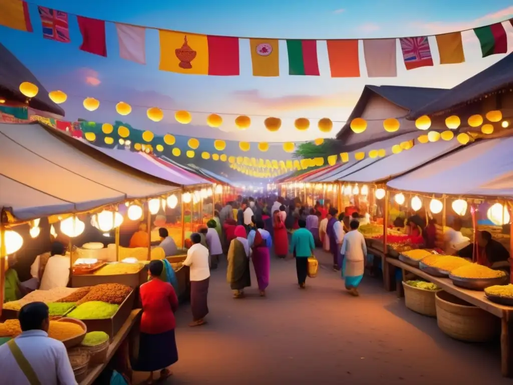 Escena vibrante de festival tradicional con comidas de todo el mundo