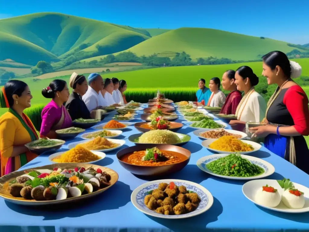 Escena vibrante de festival con comida tradicional y diversidad cultural - Impacto de la comida en festivales tradicionales