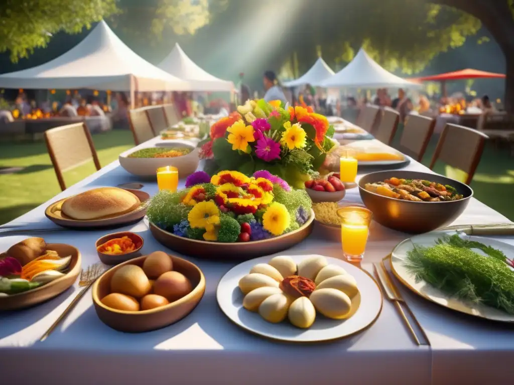 Transformación gastronomía festividades globales - Mesa de festival al aire libre con platos internacionales y decoración colorida