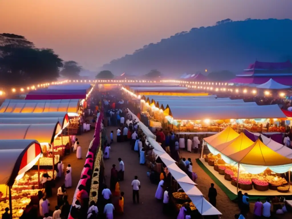 Impacto de la comida en festivales tradicionales: escena vibrante de festival al atardecer, con gente de todas las edades sumergida en la celebración