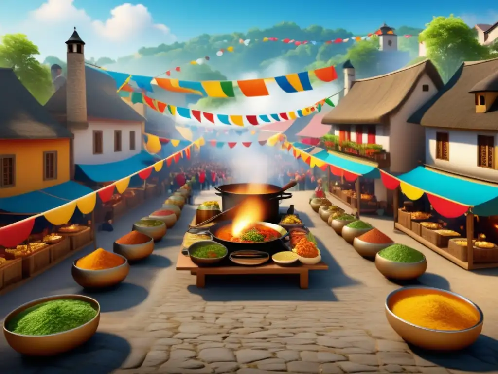 Festivales gastronómicos tradicionales en una vibrante imagen fotorealista de una plaza de pueblo decorada con banderas y decoraciones coloridas