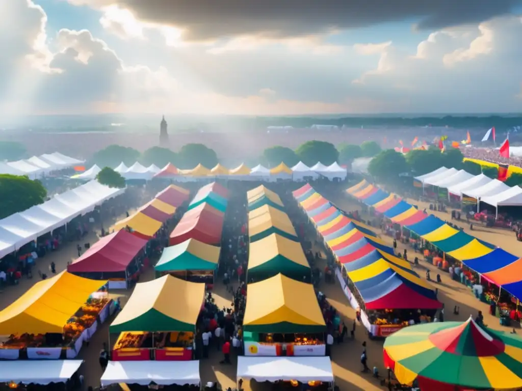 Festival gastronómico: vibrante escena con coloridos puestos y banderas representando diferentes cocinas del mundo