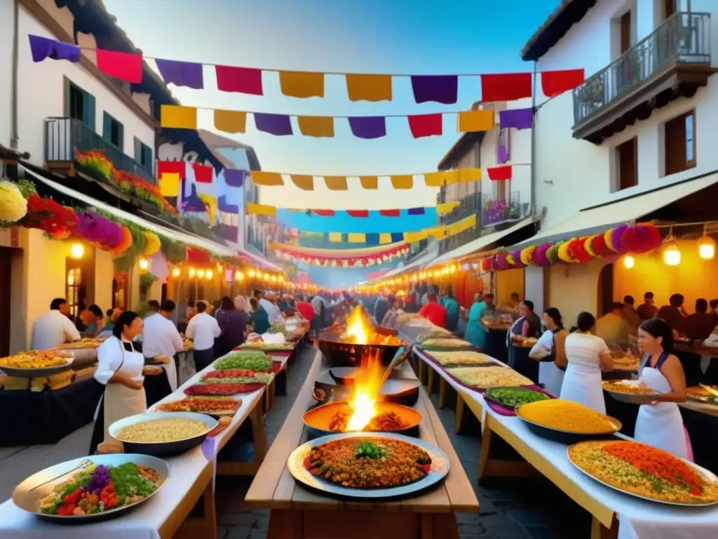 Importancia de la comida en festivales: escena vibrante de un festival tradicional con una mesa llena de platos deliciosos y coloridos