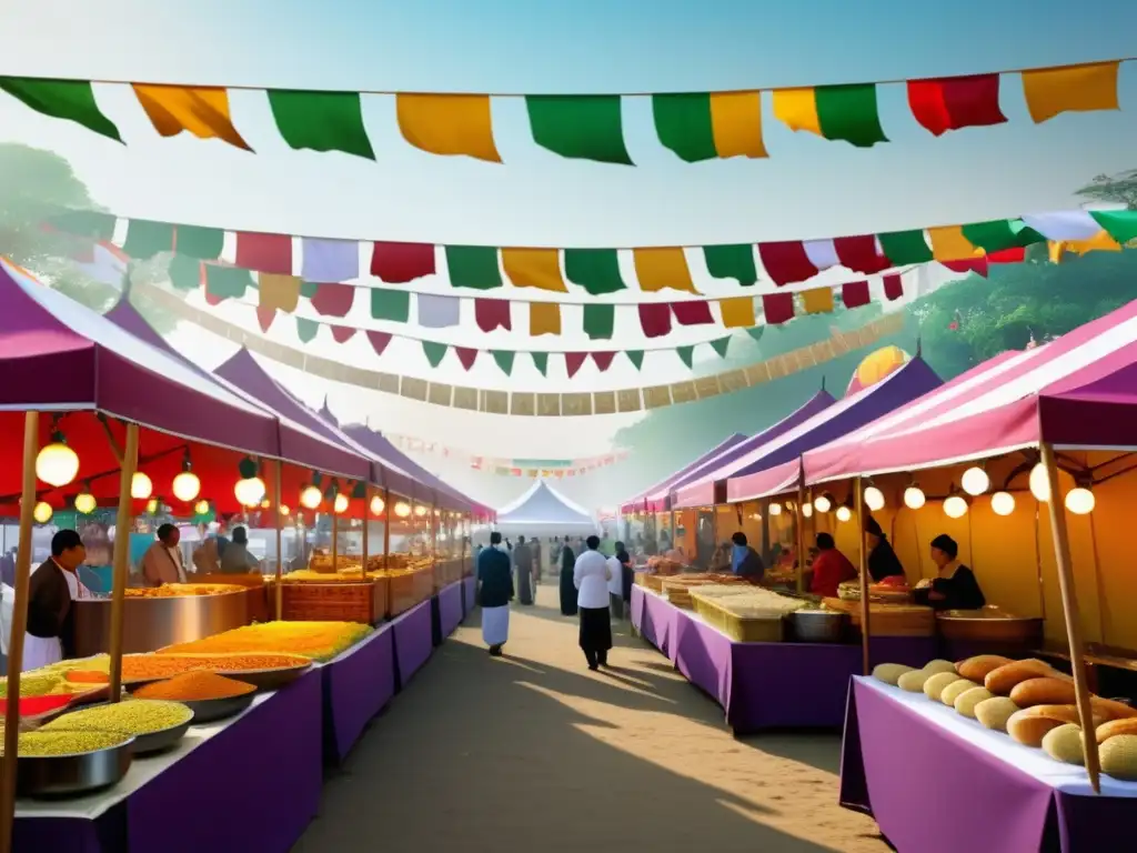 Importancia de comidas tradicionales en festivales: vibrante imagen etérea de un bullicioso festival gastronómico