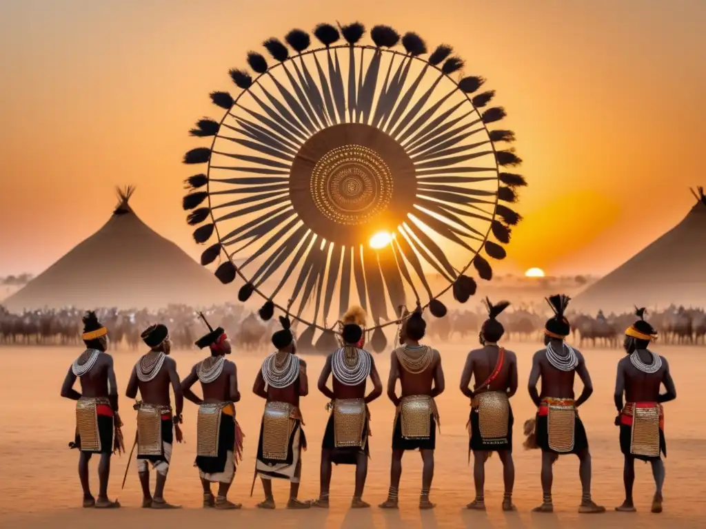 Festival de Gerewol en África: Hombres Wodaabe adornados, mujer Mbororo, atardecer dorado sobre la sabana africana