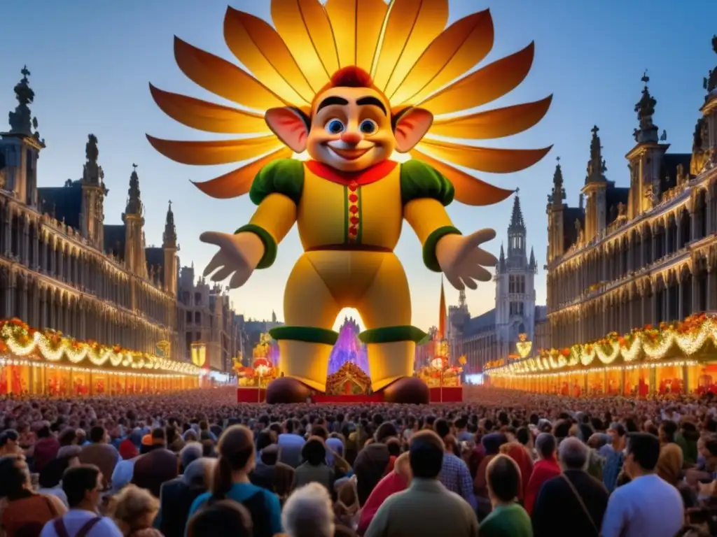 Festival Gigantes Bruselas: Escena mágica con un gigante majestuoso, colores vibrantes y una multitud maravillada