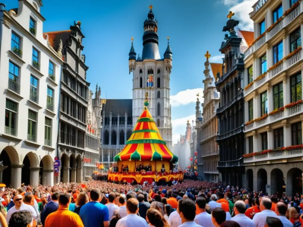 Festival Gigantes Bruselas: vibrante escena llena de color, gigantes desfilando por calles con música y tradición