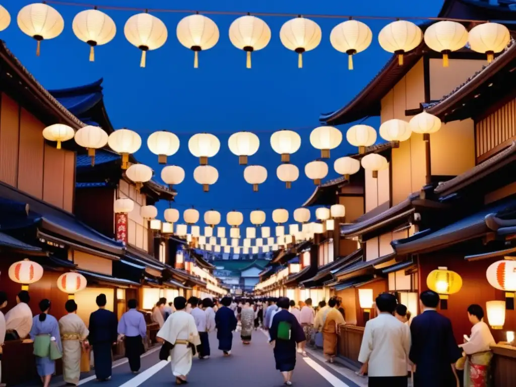 Calle animada durante el festival tradicional japonés Gion Matsuri con danzas, decoraciones y árboles de cerezo