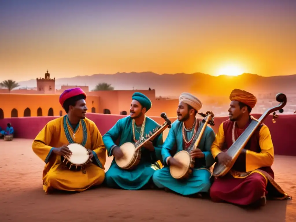 Festival de Música Gnawa Marruecos: Escena vibrante en Marrakech al atardecer, músicos Gnawa, vestimenta tradicional y ambiente mágico