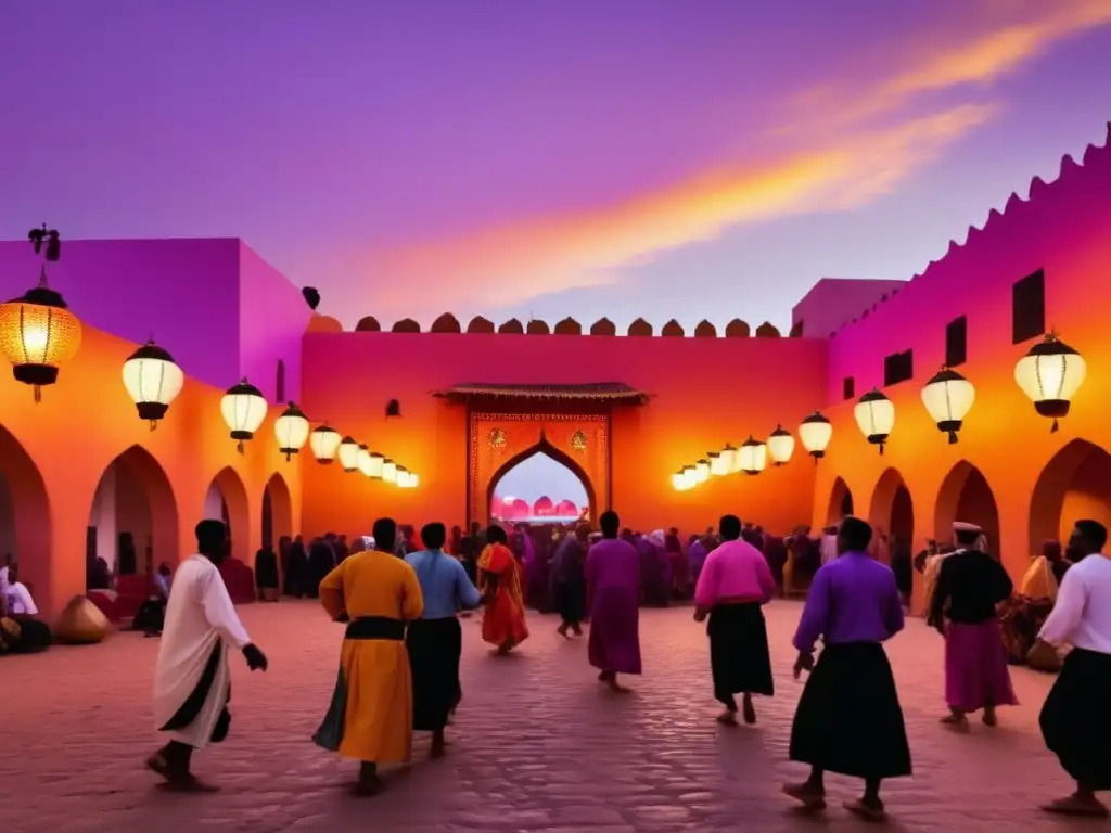 Festival de Música Gnawa Marruecos: Imagen etérea y realista del festival al atardecer