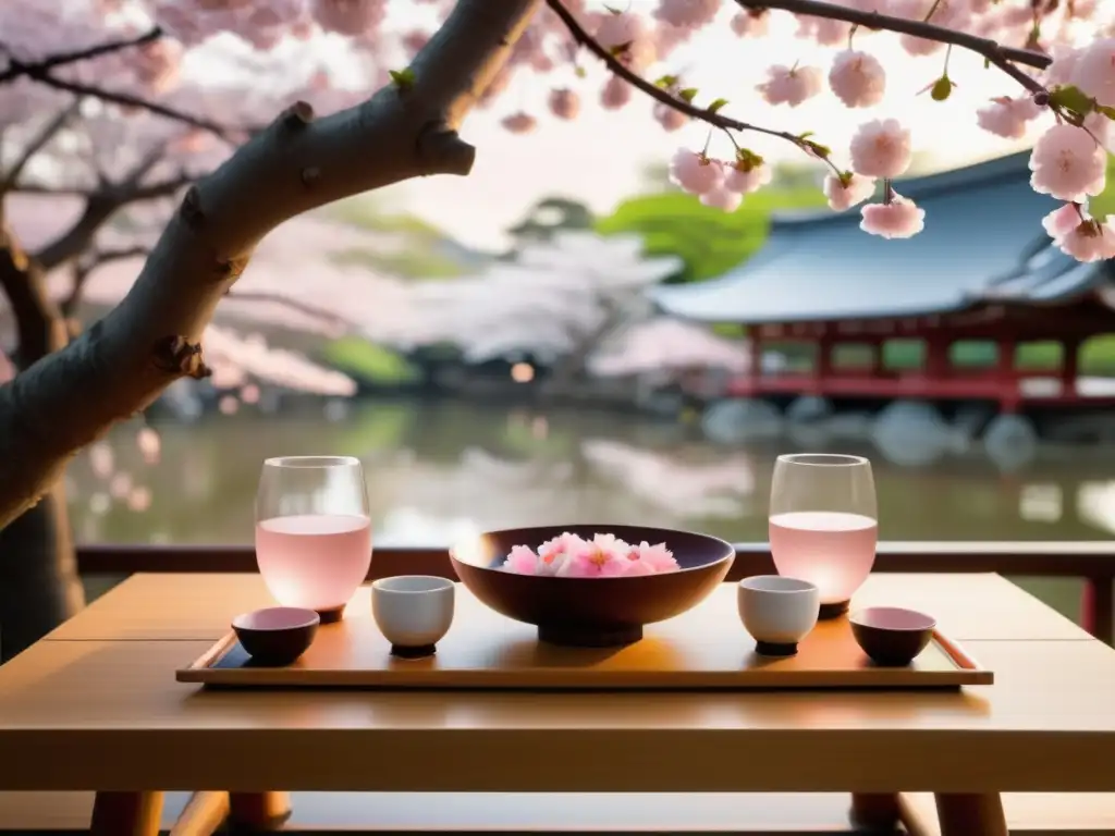 Escena impresionante del festival tradicional japonés hanami, rodeado de árboles de cerezo en plena floración