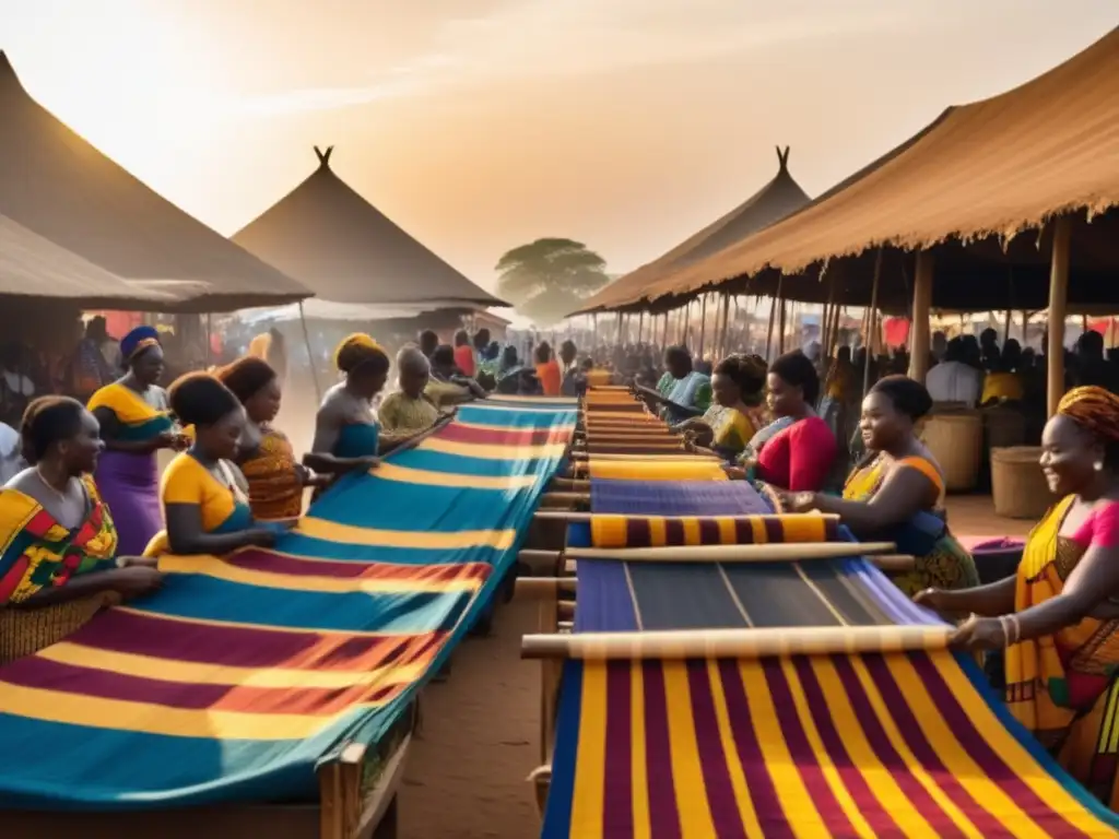 Celebración cosecha Ghana: mercado vibrante, telares, platos tradicionales, dulces, música, bebidas típicas, colores mágicos