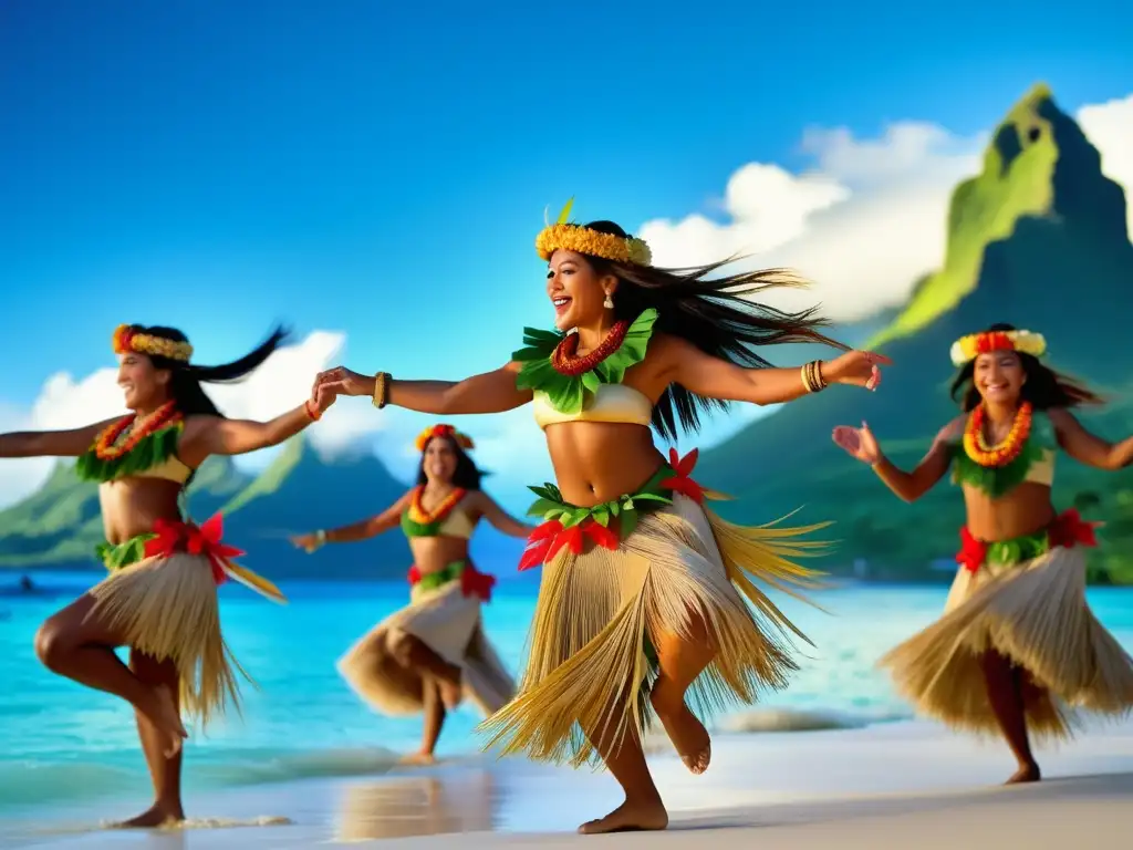 Festival Heiva en Tahiti: danza hula, trajes elaborados, espectadores awefilled, entorno tropical y conexión a la naturaleza