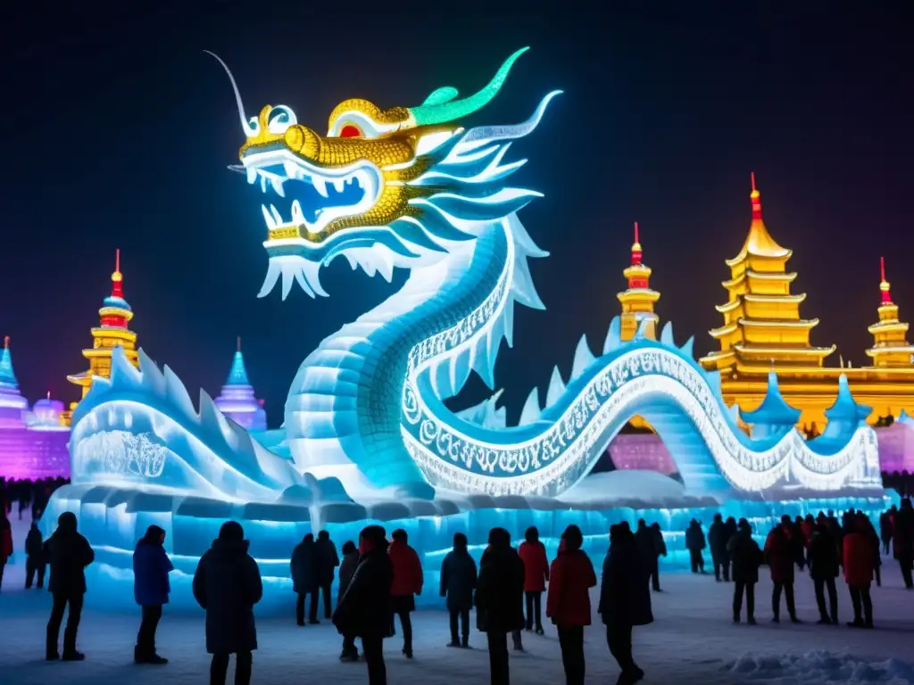 Espléndido Festival del Hielo Harbin: majestuoso dragón de hielo, iluminado por vibrantes colores, rodeado de visitantes maravillados