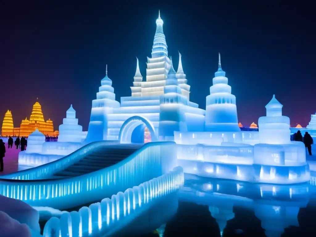 Festival del Hielo Harbin: Impresionante imagen nocturna del festival de hielo en Harbin, con esculturas iluminadas y un castillo de hielo iluminado