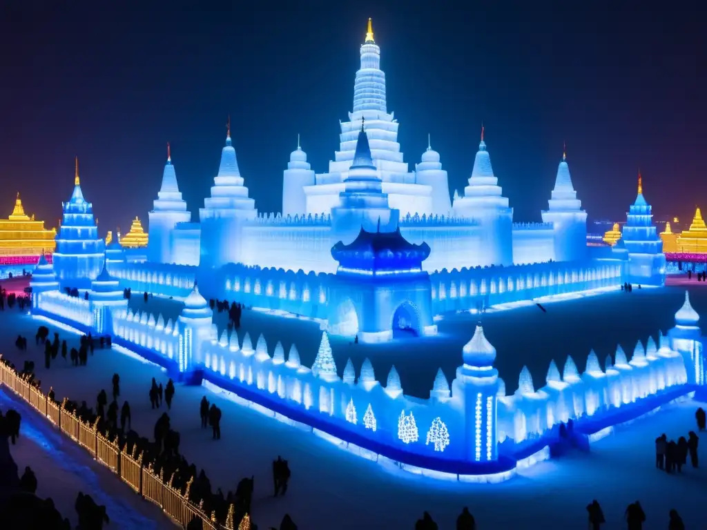 Festival Hielo Harbin: Impresionante imagen nocturna del festival, con una ciudad de hielo y esculturas majestuosas, iluminada por luces vibrantes