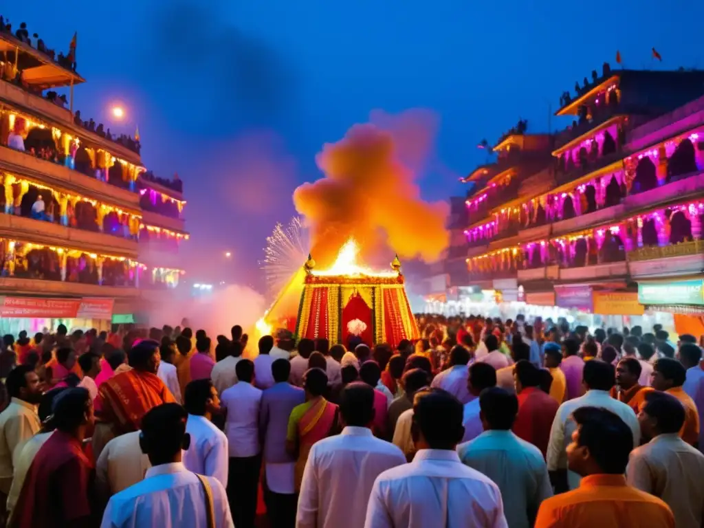 Festivales hindúes tradicionales en India: escena vibrante y colorida con música, danza, decoraciones y procesión majestuosa