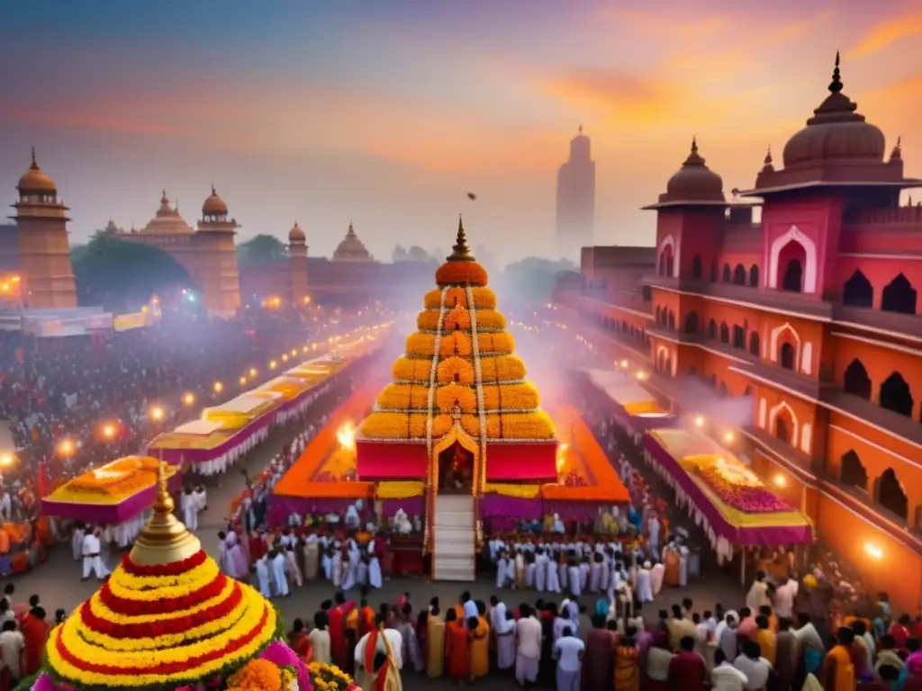 Festivales hindúes tradicionales en India: una imagen vibrante y etérea que muestra una procesión festiva llena de color, música y alegría