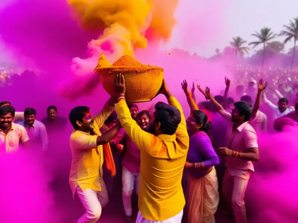 Festivales tradicionales en todo el mundo: escena vibrante del Holi en India, con polvos de colores, alegría y unidad