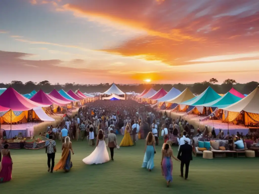 Impacto de festivales en moda: escena mágica de un festival, con colores vibrantes, moda bohemia y una atmósfera etérea