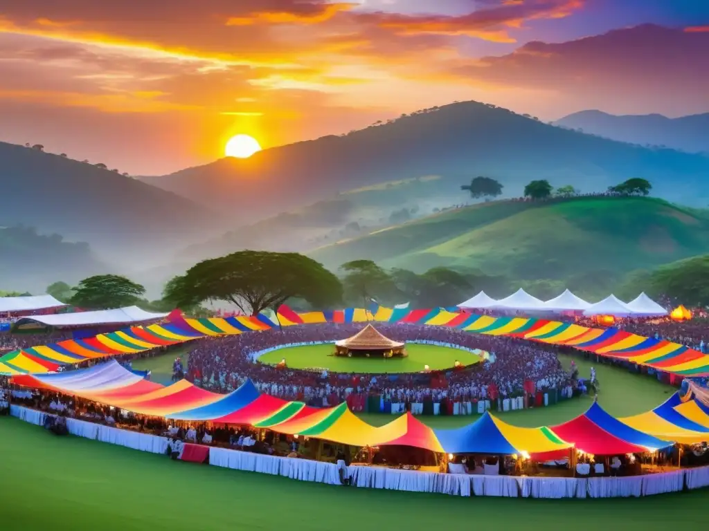 Festival tradicional internacional con vibrante atardecer, banderas coloridas y diversidad cultural