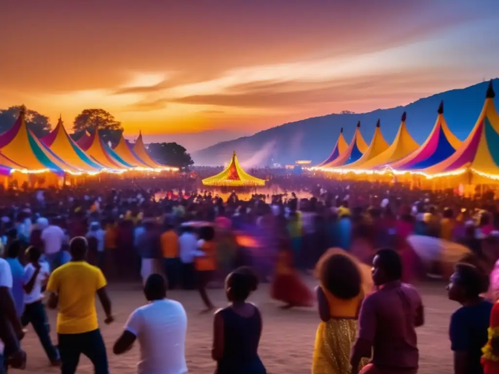 Fotografía impactante de festival internacional al anochecer: una escena vibrante llena de colores, música y alegría