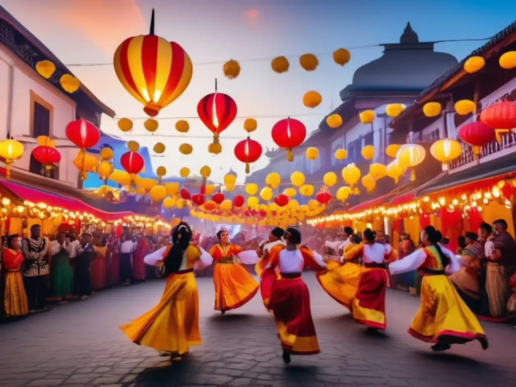 Fotografía impactante de festival internacional en calle vibrante con decoraciones coloridas, multitudes energéticas y danzas tradicionales