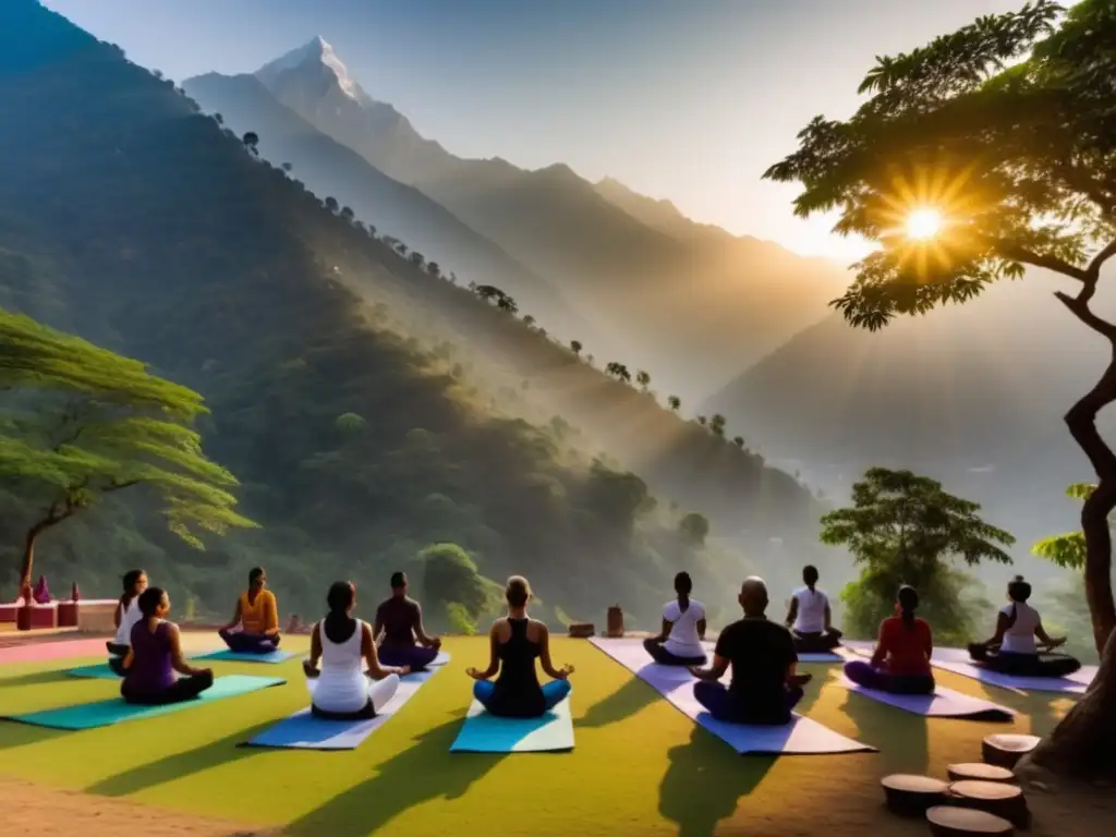 Festival Internacional de Yoga en Rishikesh, India - Practicantes de yoga en armonía con la naturaleza en los Himalayas