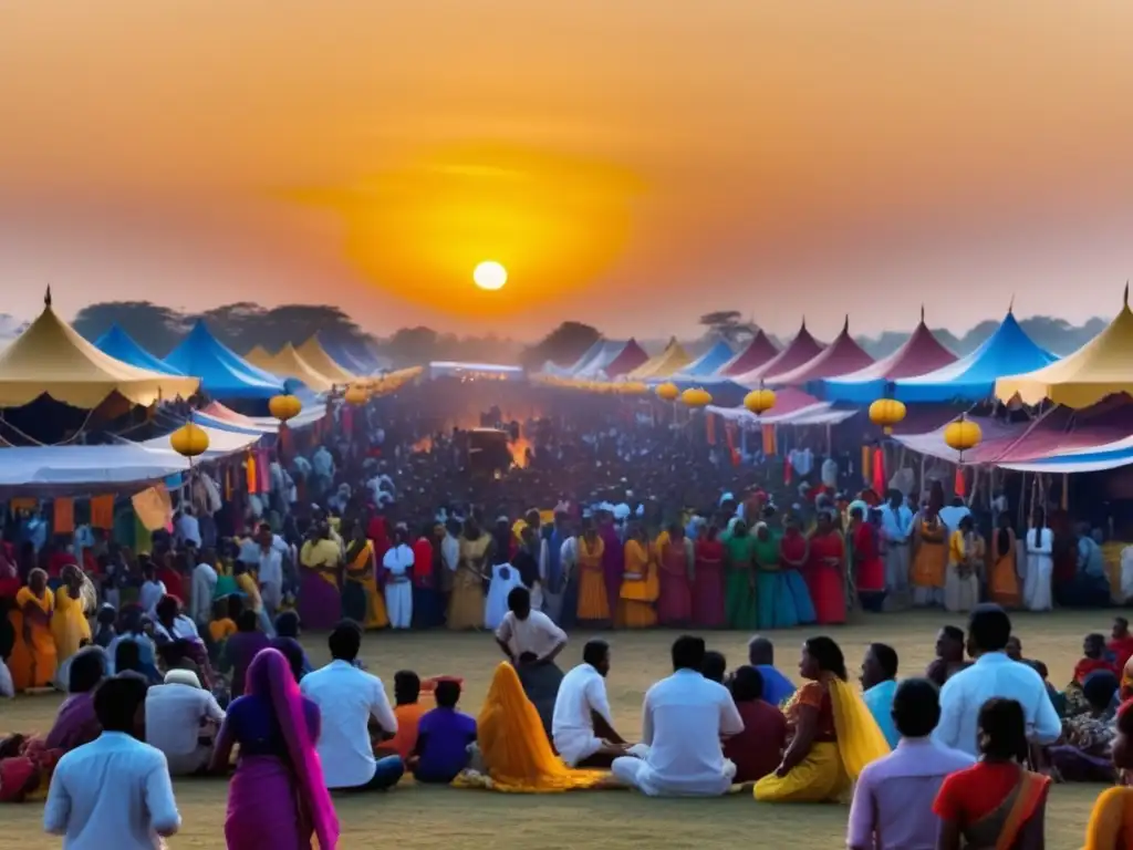 Fotografía de festivales internacionales: escena vibrante al atardecer, multitud alegre y escenario deslumbrante