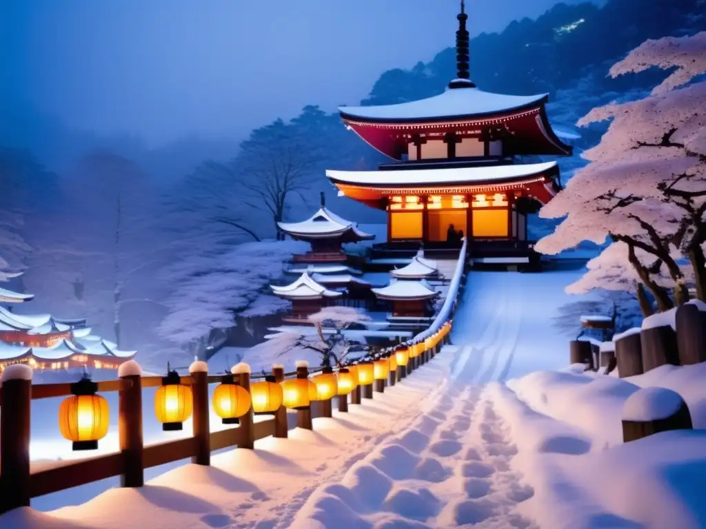 Festival invierno tradicional Japón: paisaje nevado, templo majestuoso, kimono, nieve, montañas, naturaleza, belleza