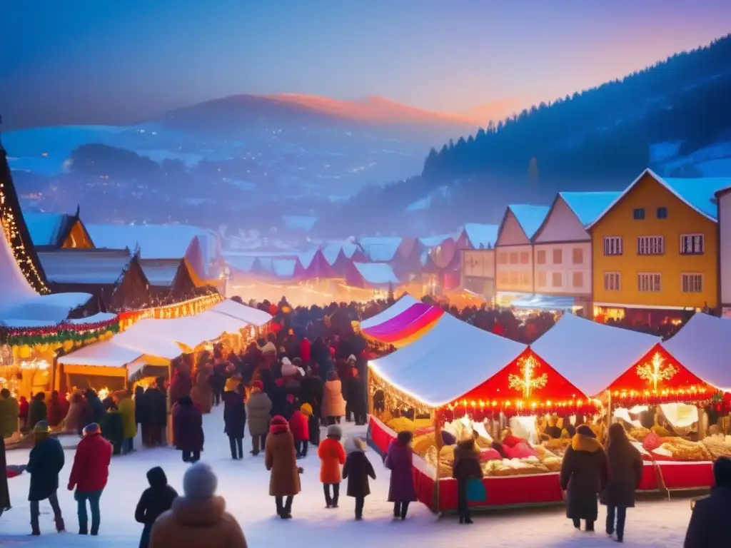 Festival invernal mágico: mercado vibrante, montañas nevadas y cielo estrellado