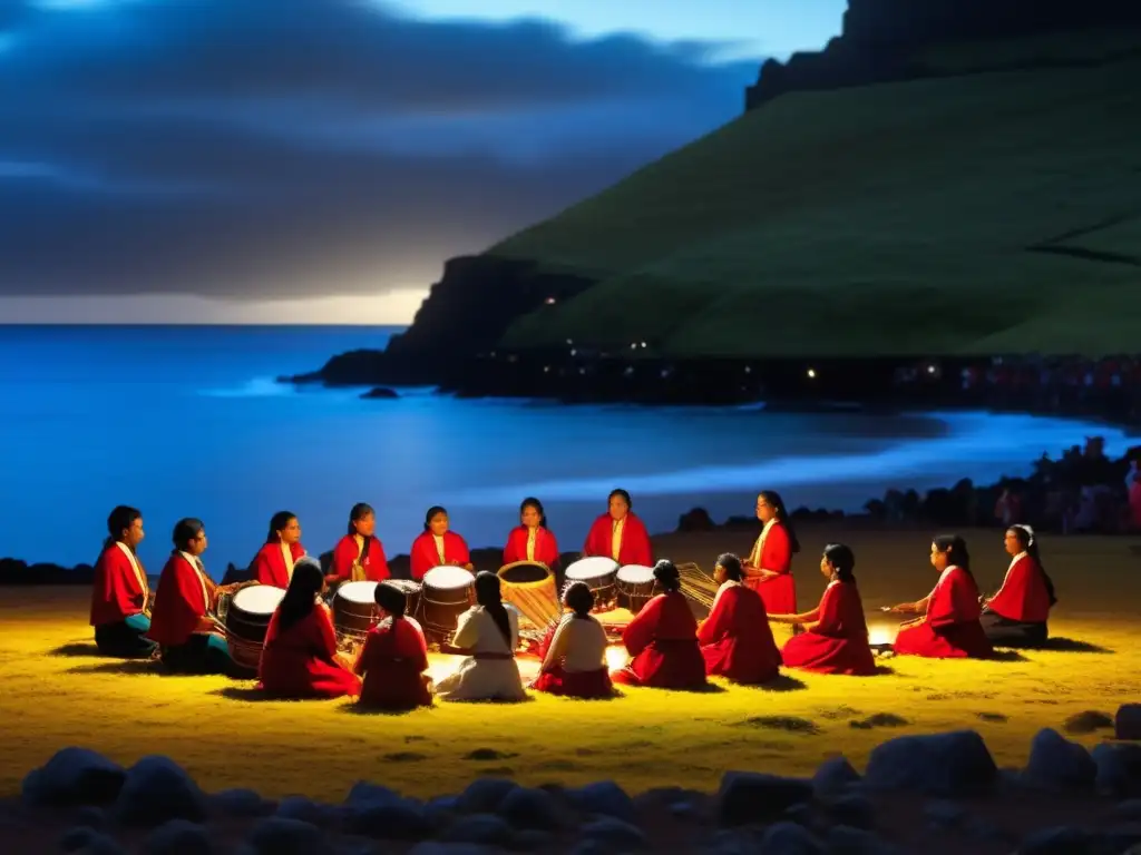 Festival música Isla Pascua tradición: atardecer etéreo con moais y paisaje mágico