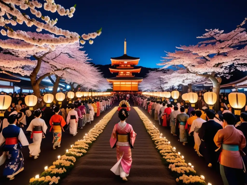 Festival tradicional en Japón con flores de cerezo y lanternas: tradición, cultura y comunidad celebrando (110 caracteres)