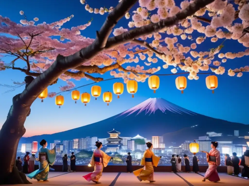 Festival tradicional en Japón: danza elegante bajo los cerezos en flor